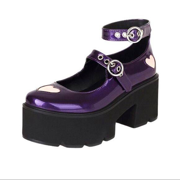 Purple Patent Double Straps Mary Jane Chunky Heel Platforms - NEW - Picture 3 of 4